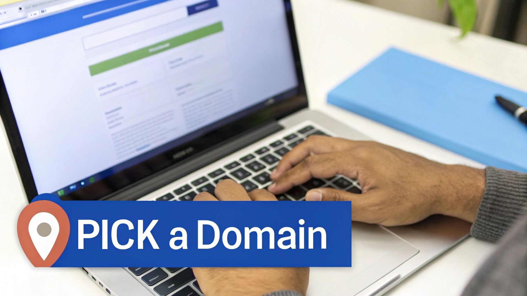 A person types on a laptop screen displaying a domain registration page, with a 'PICK a Domain' banner.