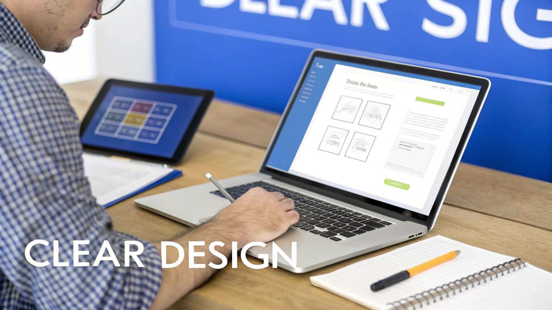 A person works on a laptop and tablet, designing a webpage with a stylus.