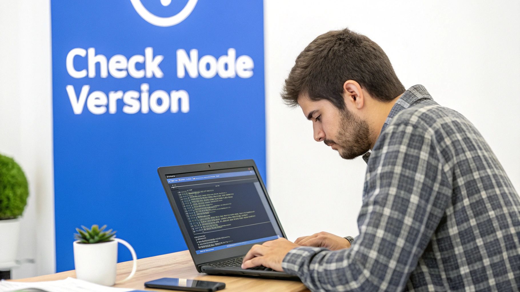 Man coding on a laptop, checking Node version, with a blue banner in the background.