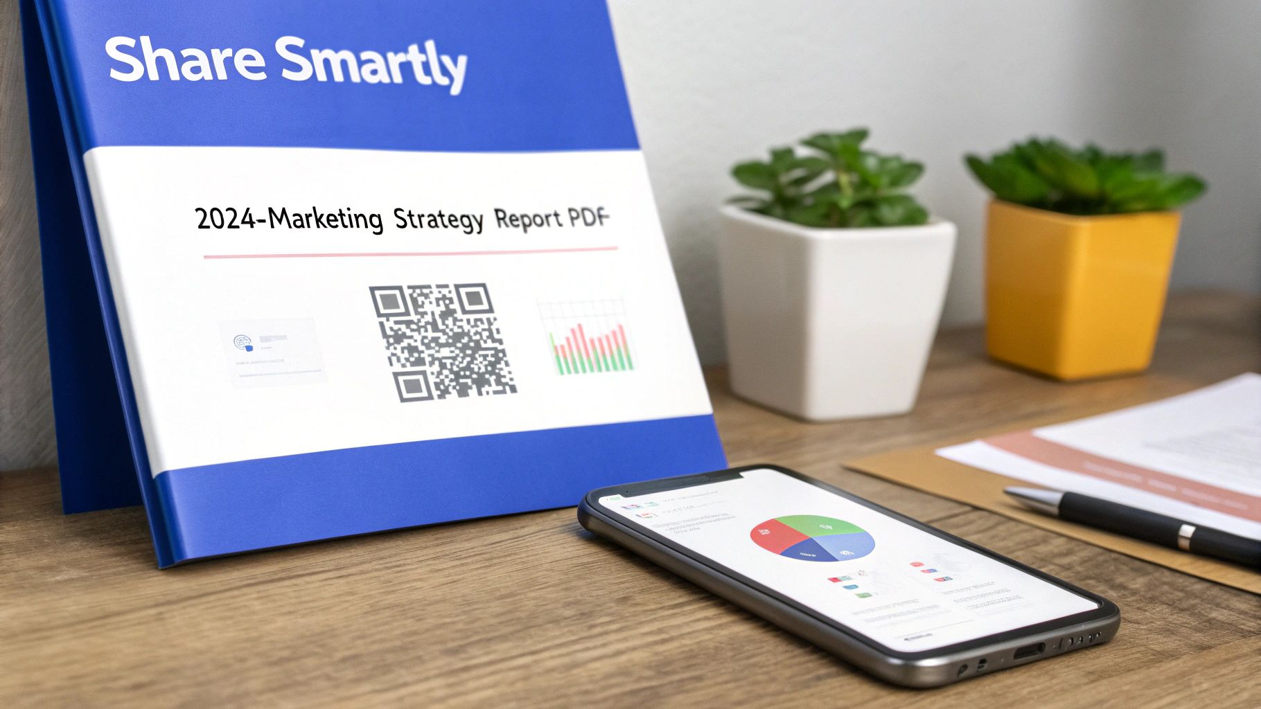 A blue stand displays a '2024 Marketing Strategy Report PDF' with a QR code, near a smartphone showing charts.