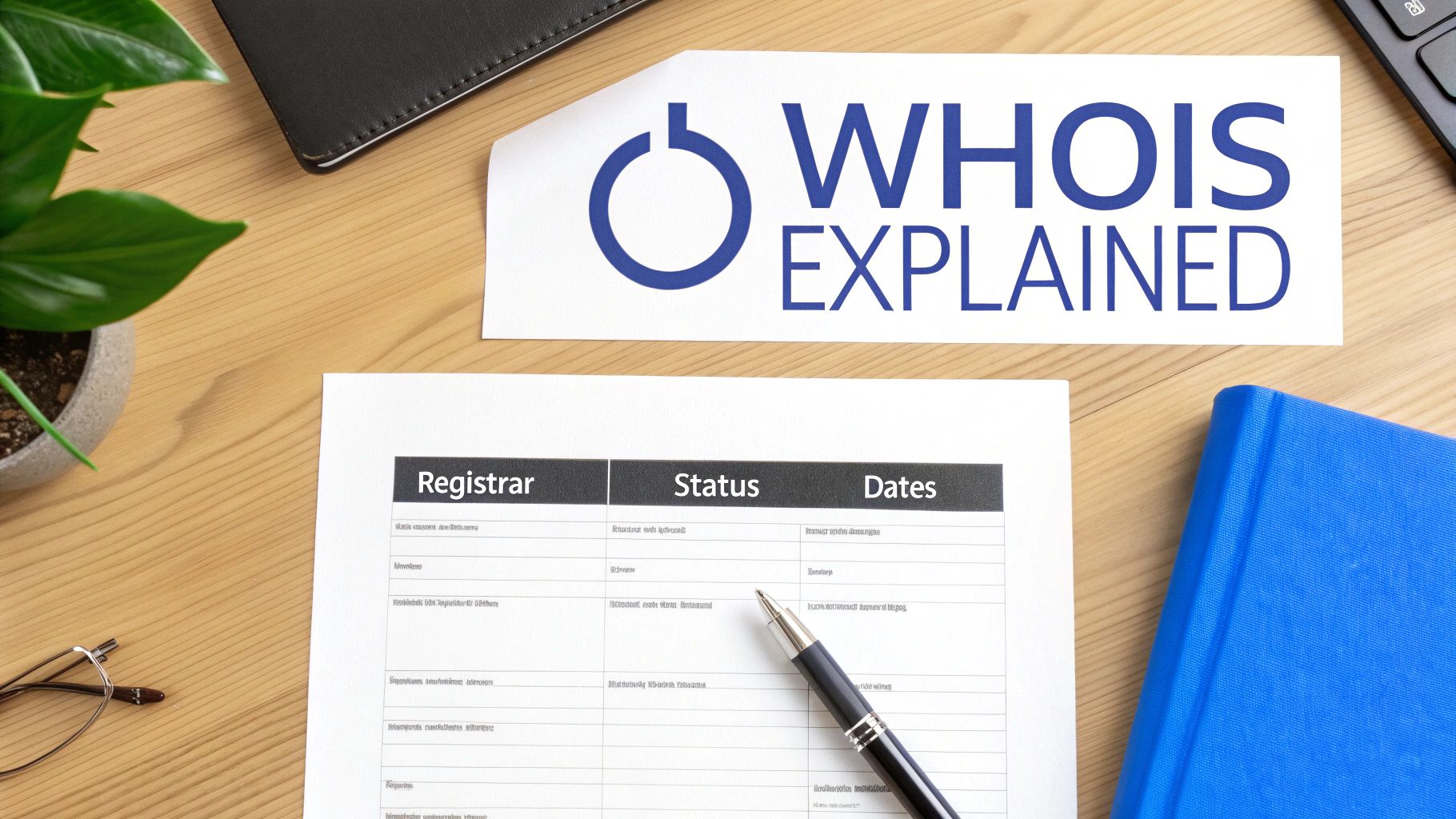 Desk with 'WHOIS EXPLAINED' document, a table showing registrar status and dates, and office supplies.