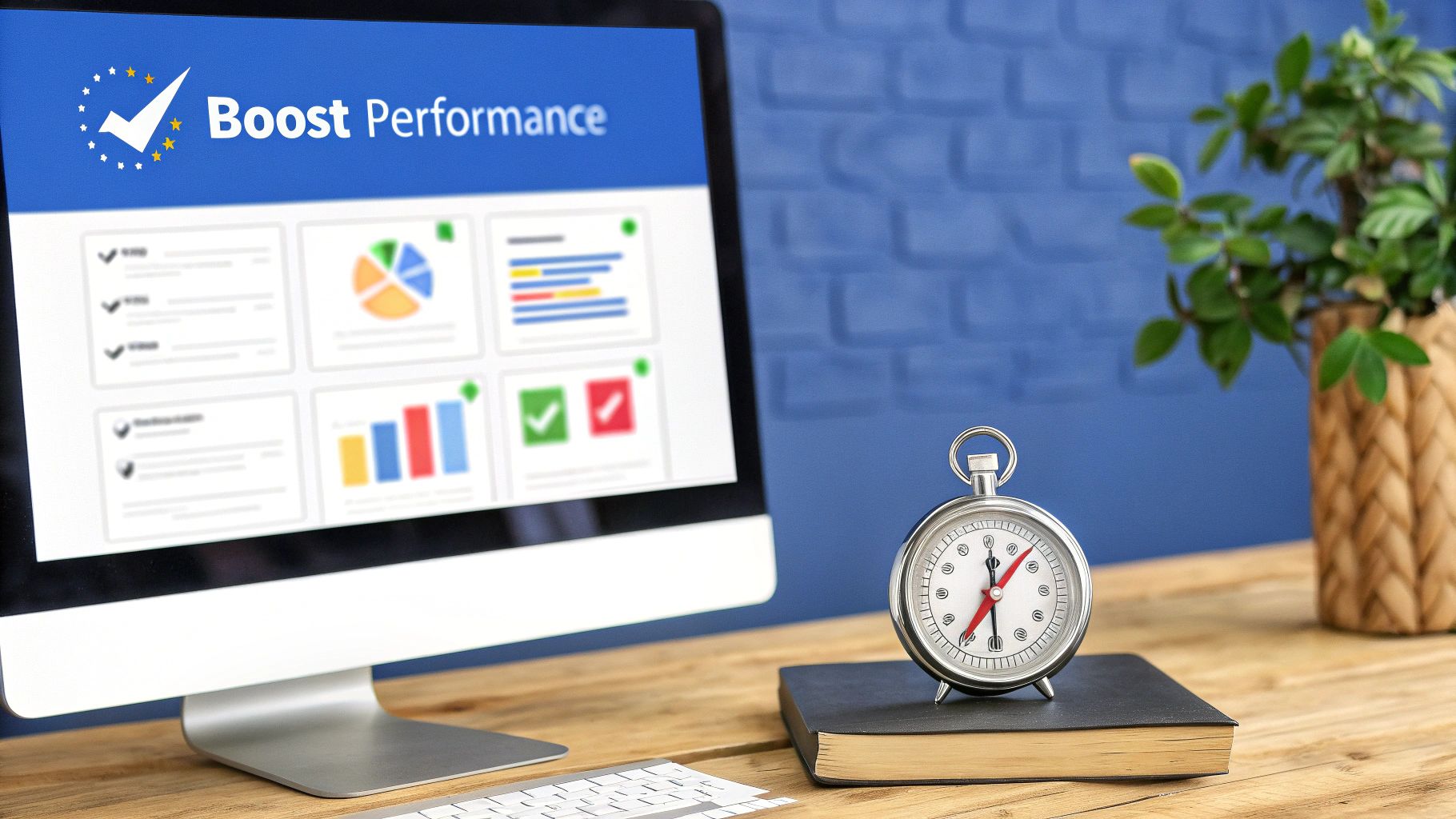 A computer monitor displays performance data with a stopwatch and plant on a wooden desk.