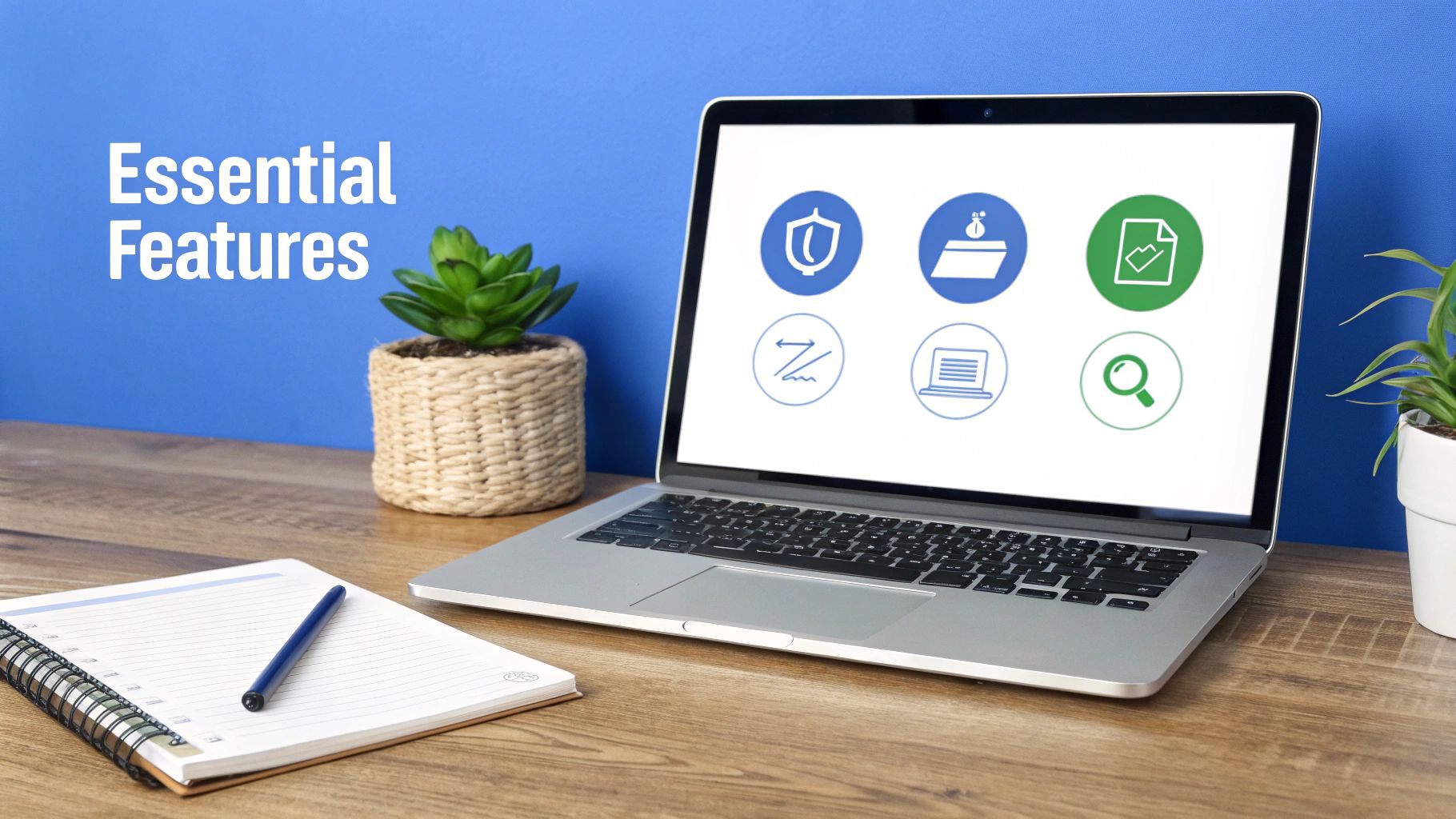 A laptop displaying 'Essential Features' icons on a wooden desk with a notebook and potted plants.