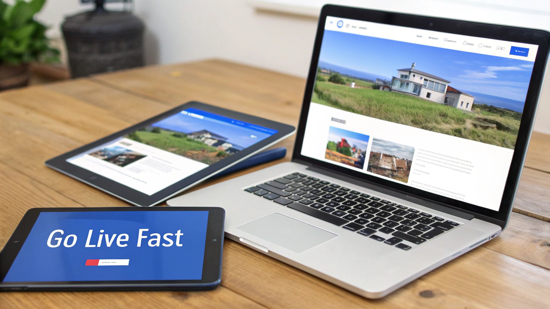 Laptop and tablets on a wooden desk showing website designs and a 'Go Live Fast' screen.