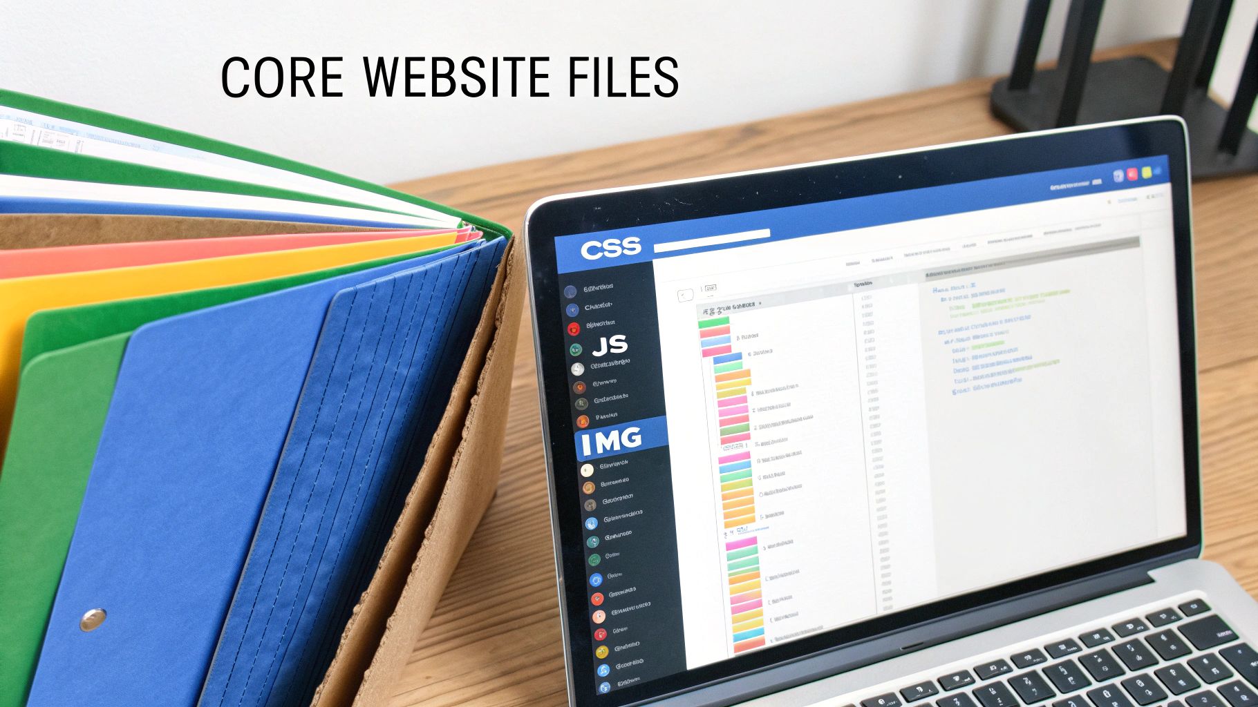 A laptop displays website code with CSS, JS, and IMG folders next to an accordion file organizer.