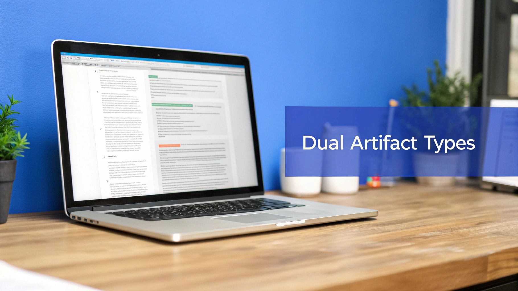 A silver laptop on a wooden desk displaying digital documents against a blue wall with a plant. The text 