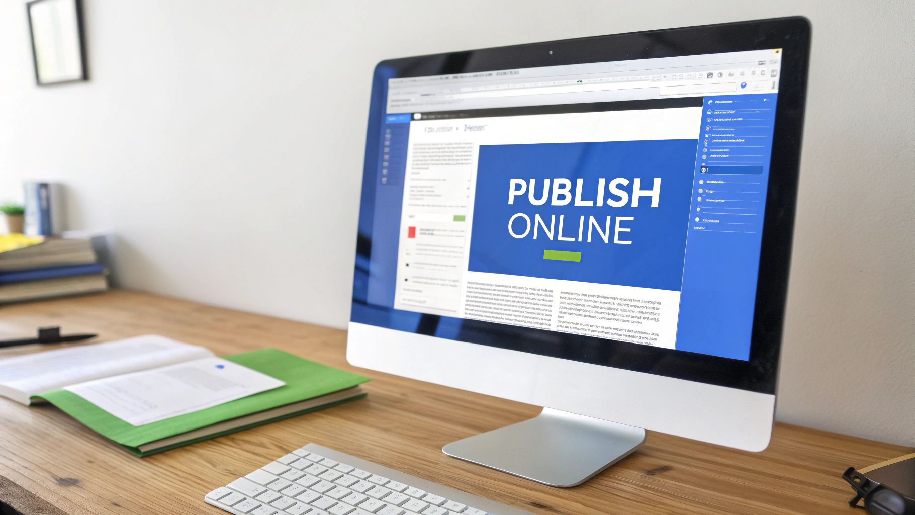 A computer monitor on a wooden desk displays 'PUBLISH ONLINE' on a webpage, with a keyboard and an open book nearby.