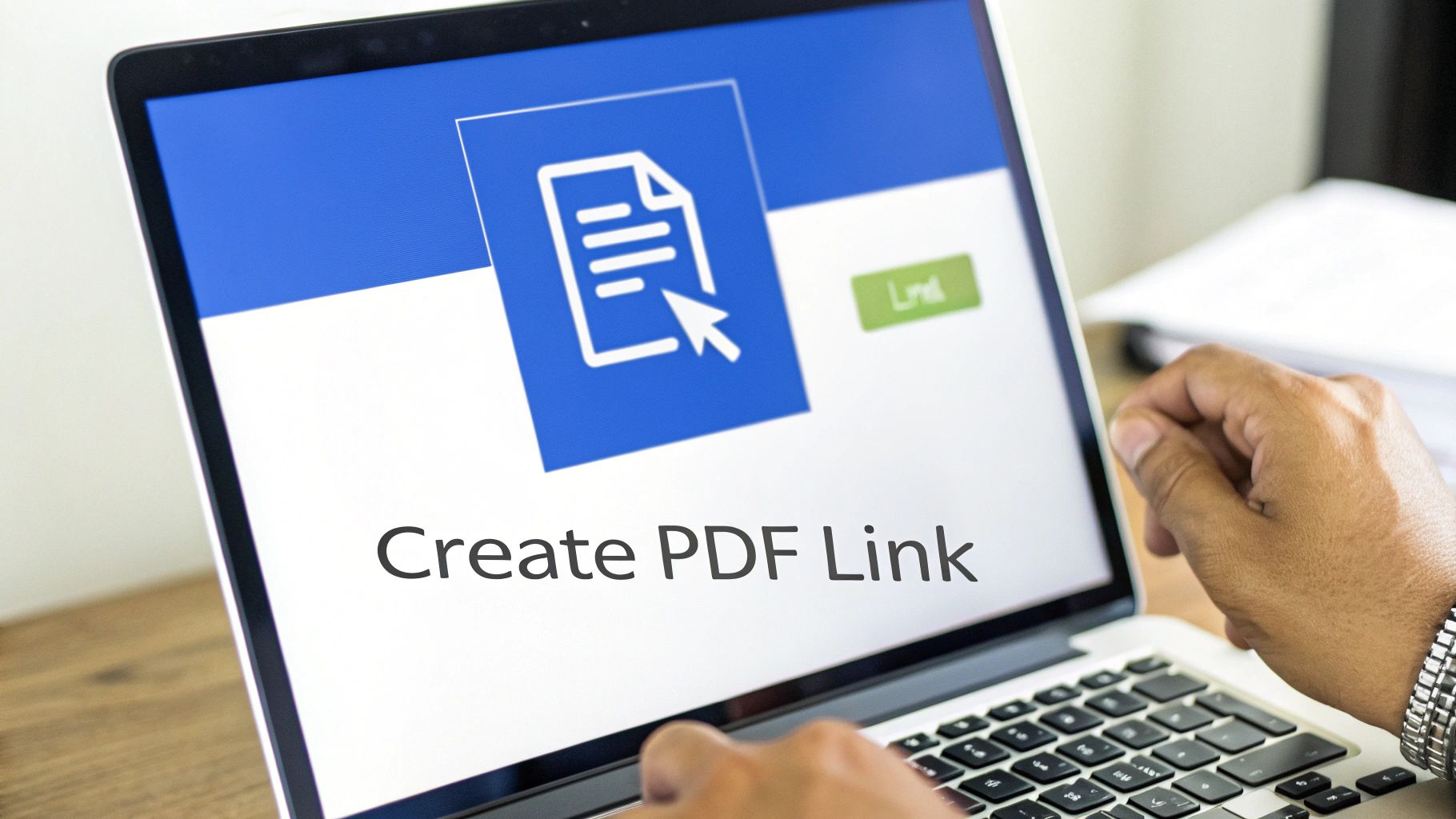 Person's hands on a laptop displaying 'Create PDF Link' and a document icon.