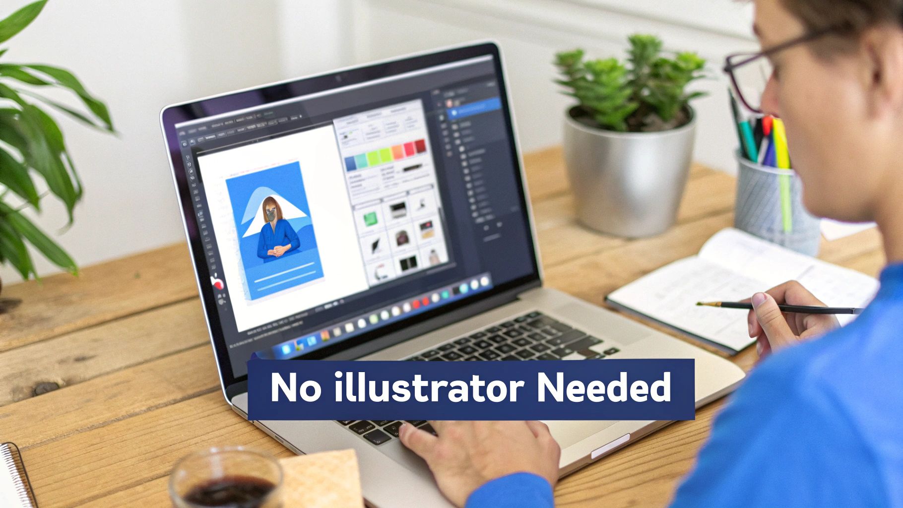 A person works on a laptop displaying design software, creating a digital illustration on a wooden desk.