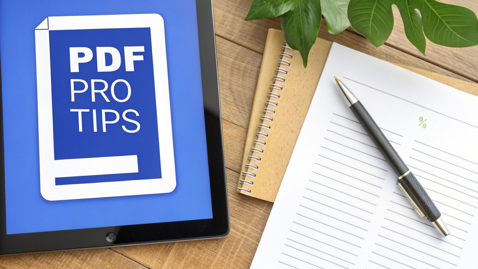 A tablet displays 'PDF PRO TIPS' on a blue screen next to a pen and notebook.