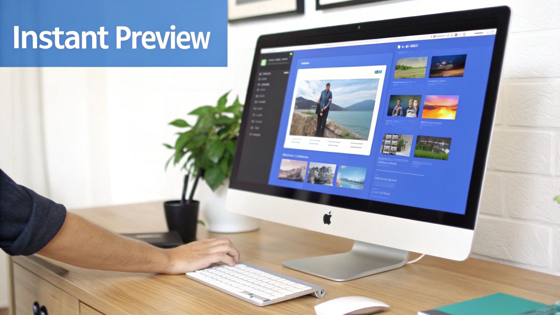 A person's hand on a keyboard in front of an iMac showing an instant preview of files.