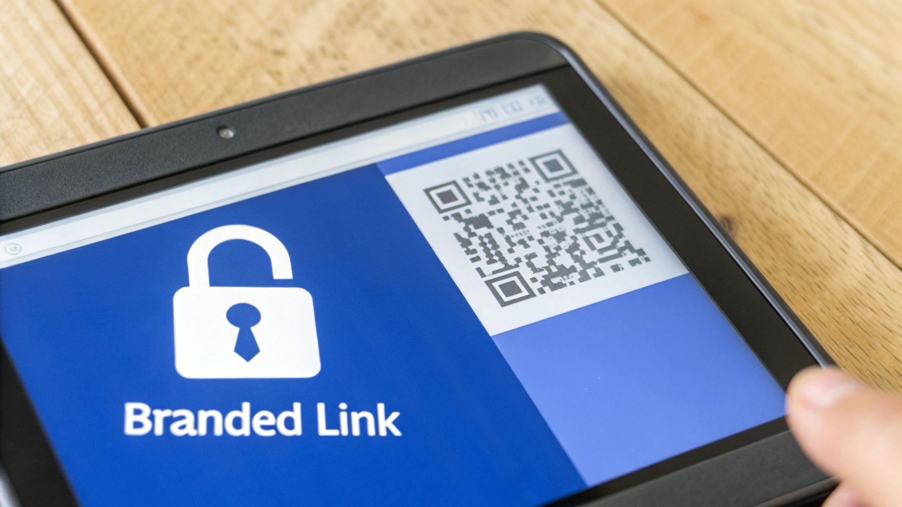 Digital tablet screen displaying a secure 'Branded Link' with a padlock icon and a QR code.