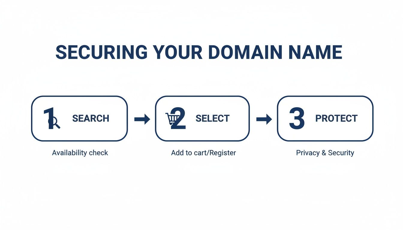 A three-step process flowchart showing how to secure a domain name: Search, Select, Protect.