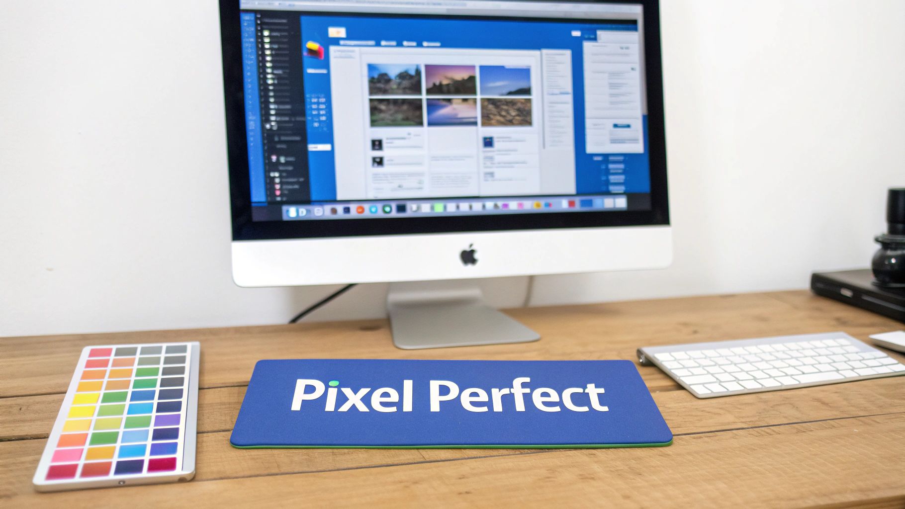 A modern designer's desk with an iMac showing website content, a color palette, and a 'Pixel Perfect' mousepad.