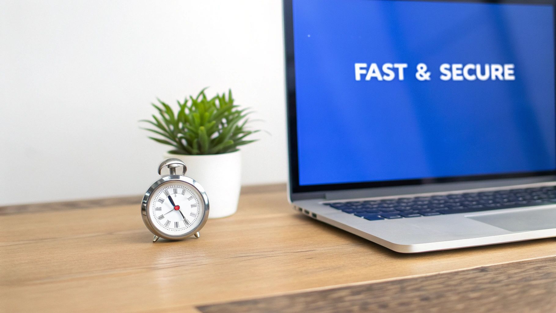 A laptop displaying 'FAST & SECURE' on a blue screen next to an alarm clock and a green plant.