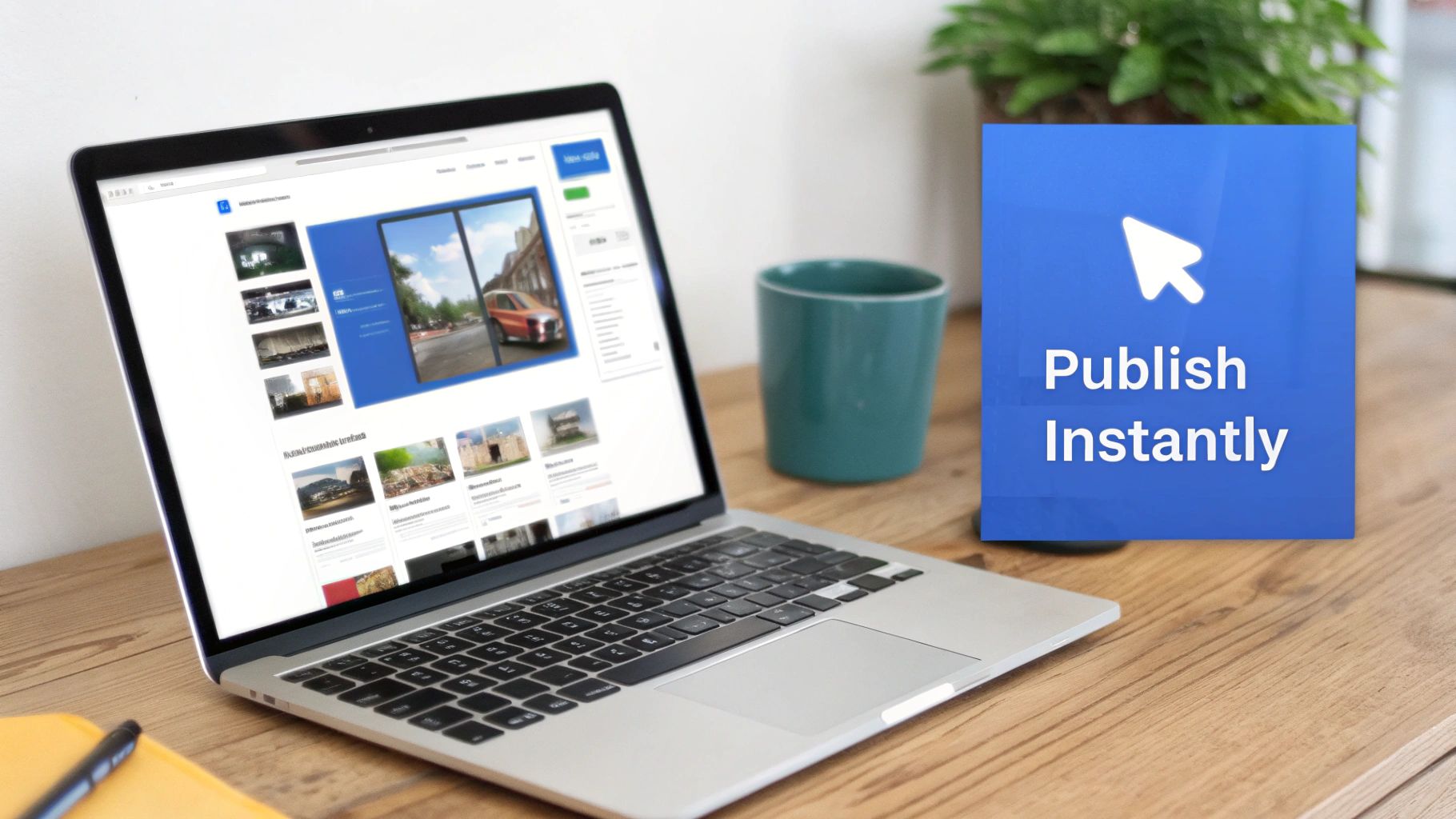 A laptop on a wooden desk showing website content, next to a blue sign reading 'Publish Instantly'.