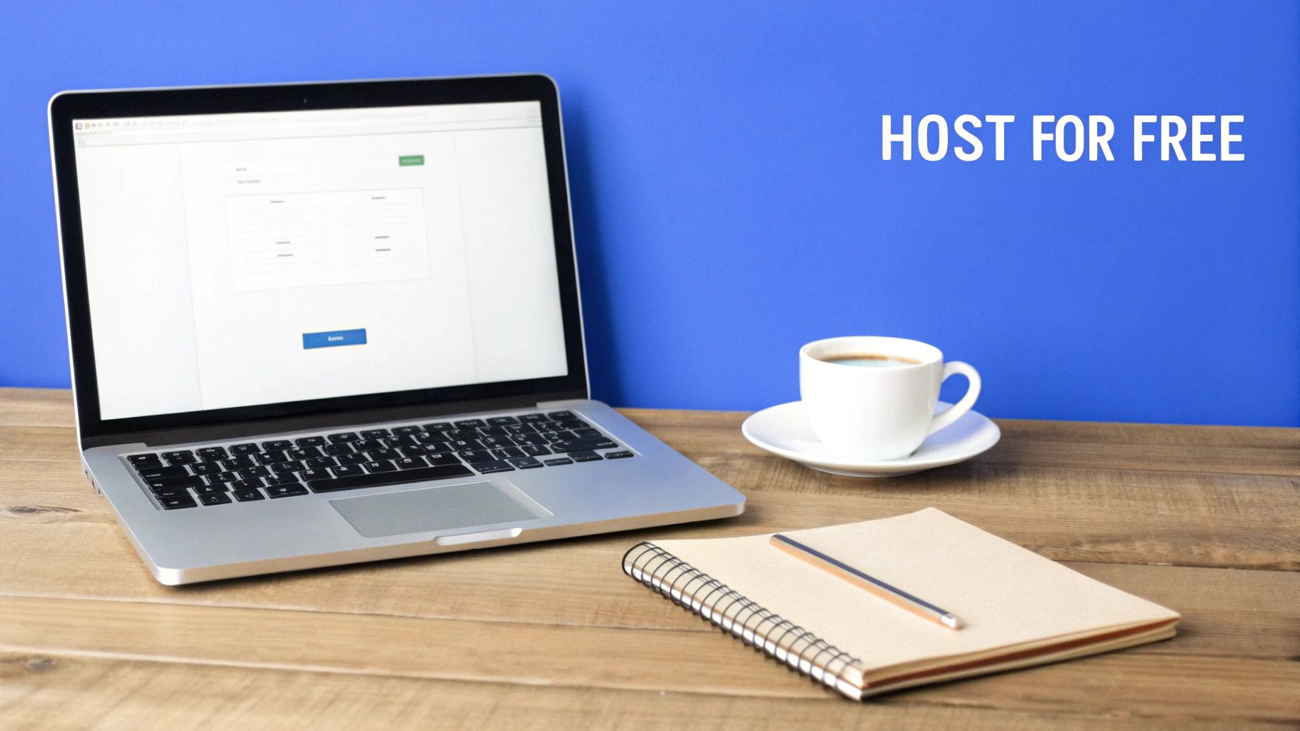 A laptop displaying an online form, a coffee cup, and a notebook on a wooden desk with a blue background and 'HOST FOR FREE' text.
