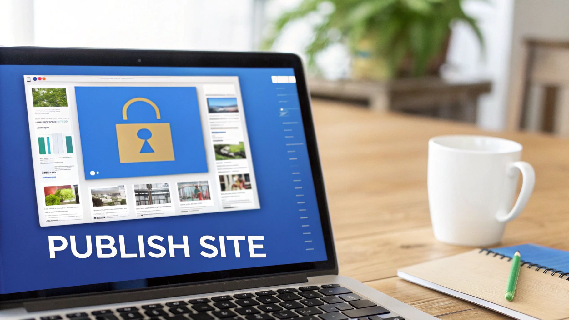 A laptop displays a website with 