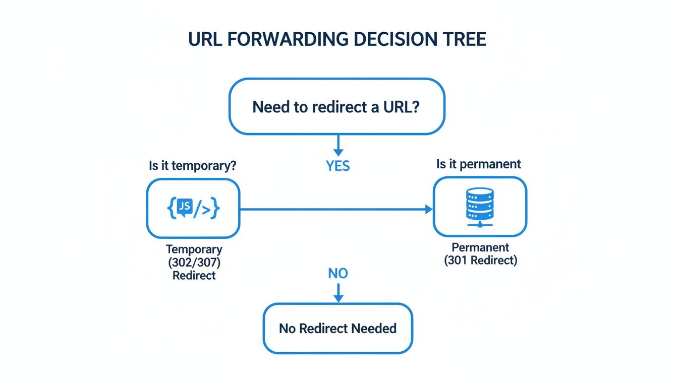 URL forwarding decision tree flowchart showing temporary (302/307) vs. permanent (301) redirects.