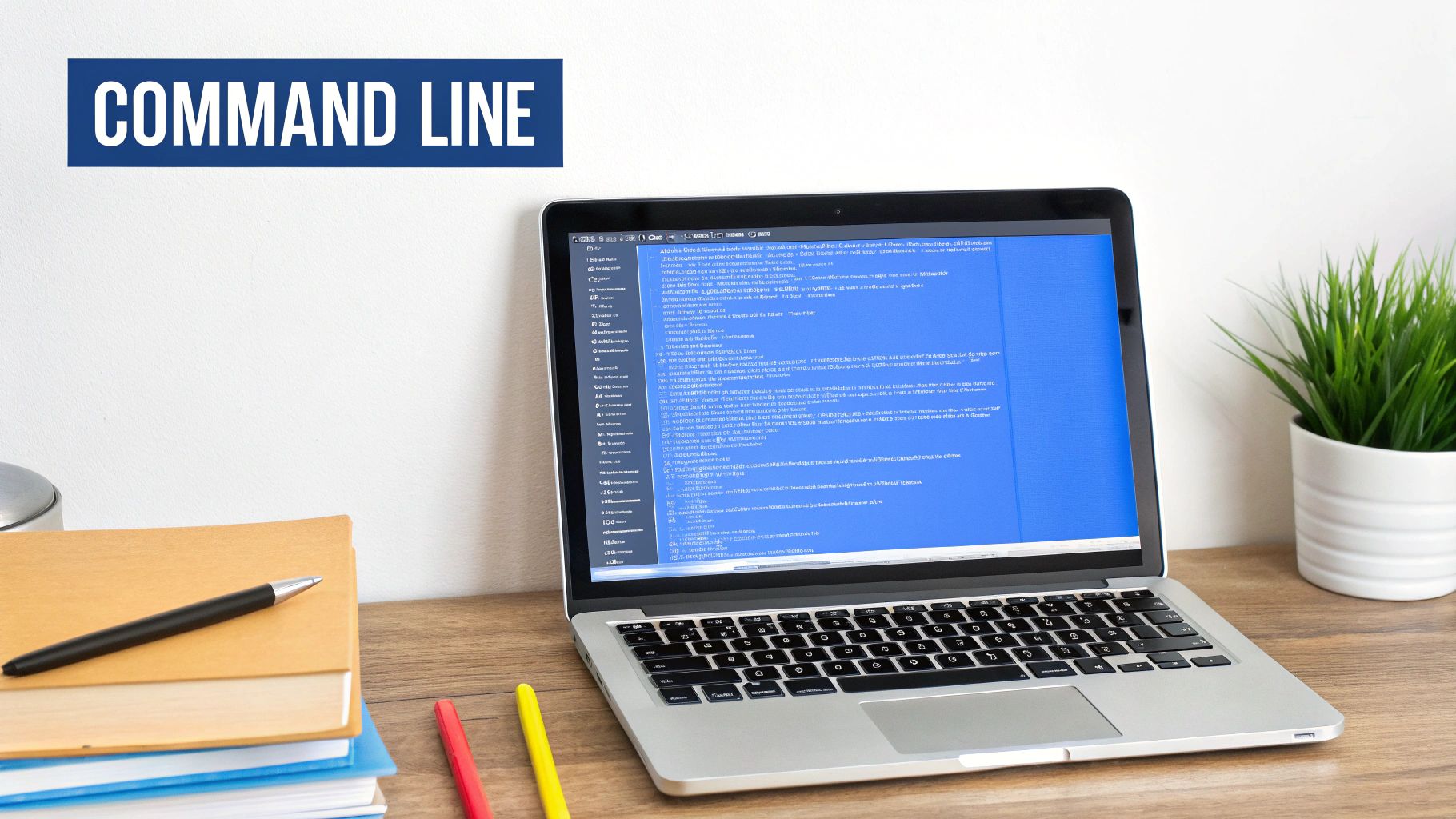 A laptop displaying a command line interface on a wooden desk with books, pens, and a plant.