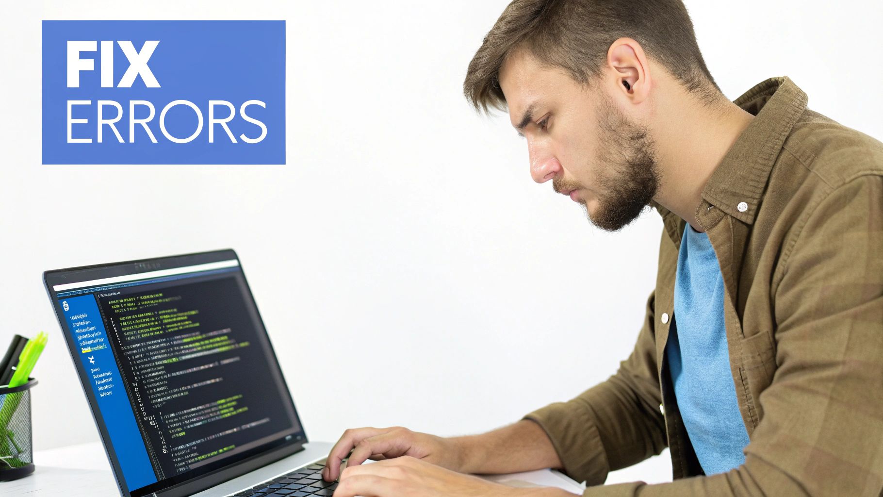 A focused man with a beard intensely types on a laptop, fixing coding errors. Text reads 'FIX ERRORS'.