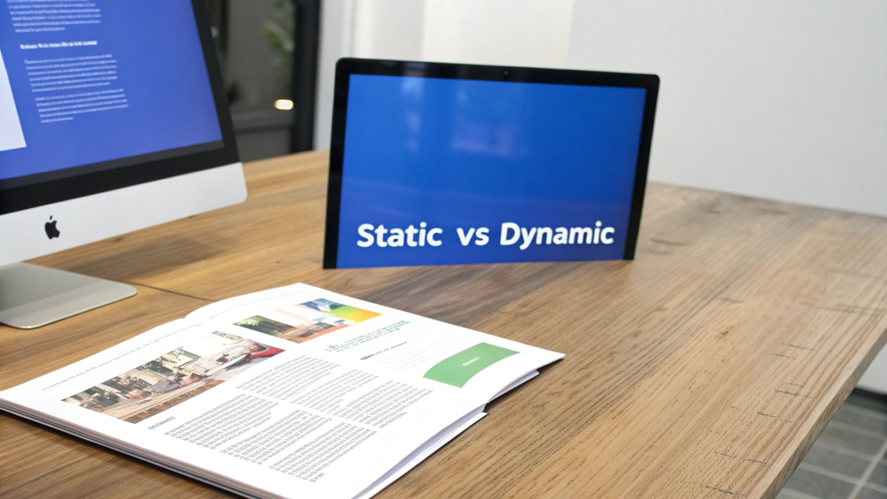 A clean wooden desk features an Apple iMac, a tablet showing 'Static vs Dynamic', and an open magazine.