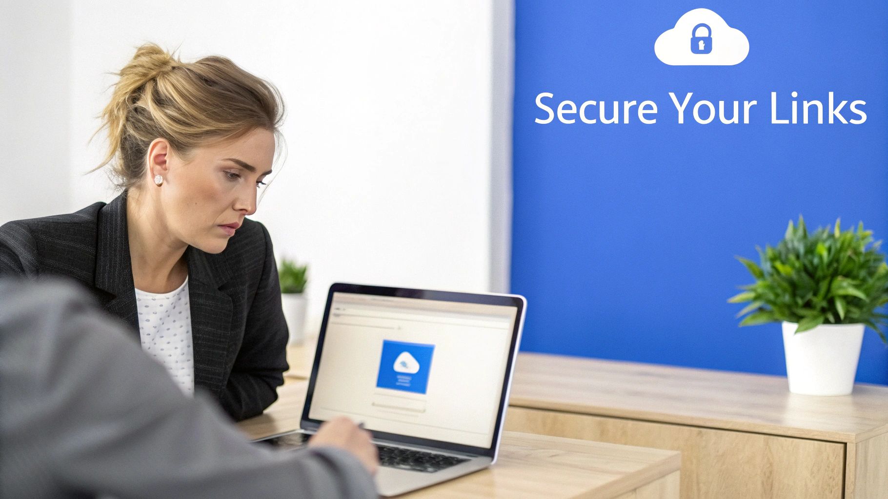A woman and another person collaborating on a laptop with a 'Secure Your Links' display.