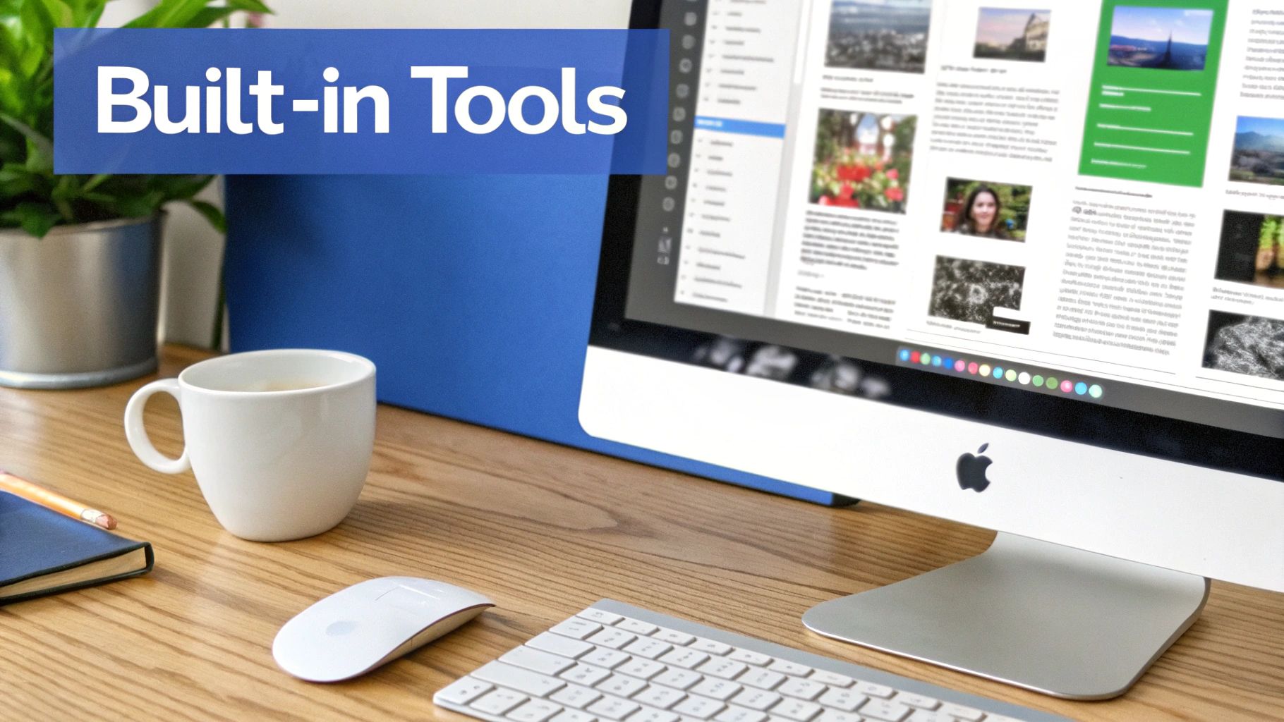 A modern workspace featuring an iMac, coffee cup, and keyboard, with a 'Built-in Tools' banner.