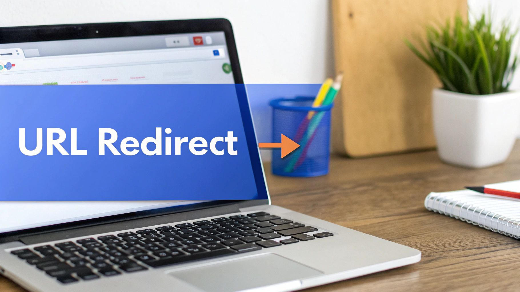 Laptop screen shows 'URL Redirect' text with an arrow, illustrating web page redirection.