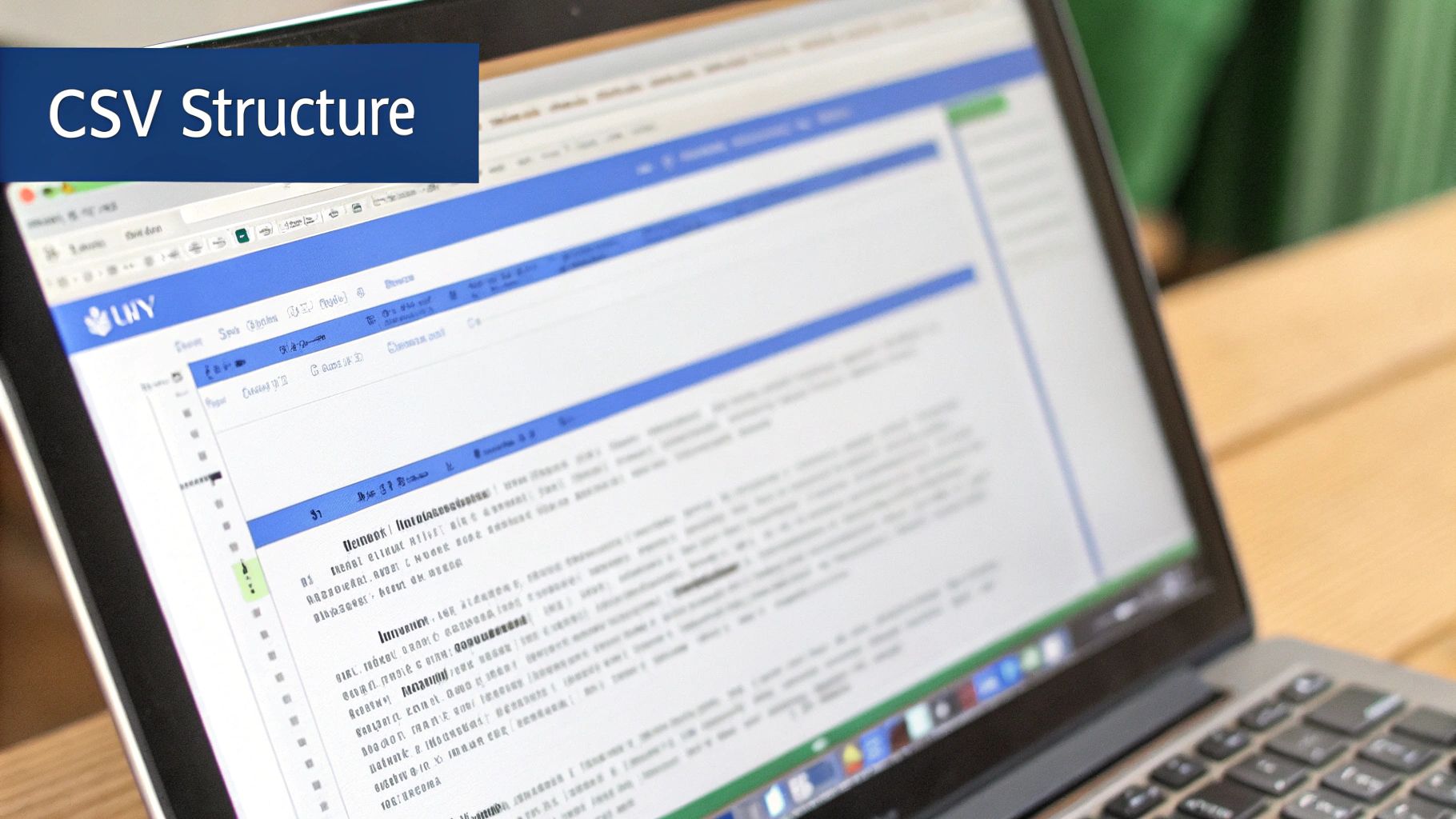 A laptop screen displays text data and a blue banner with 'CSV Structure' on it.