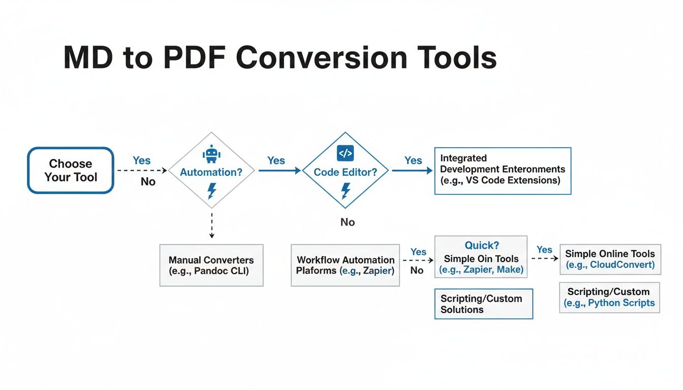 A flowchart guiding users to choose MD to PDF conversion tools based on automation and coding needs.