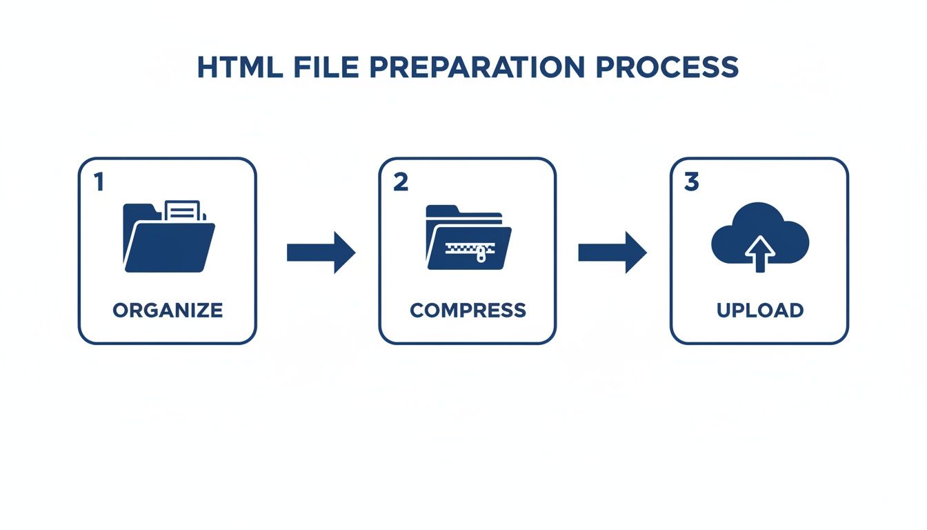 A visual process flow for HTML file preparation, illustrating steps to organize, compress, and upload files.