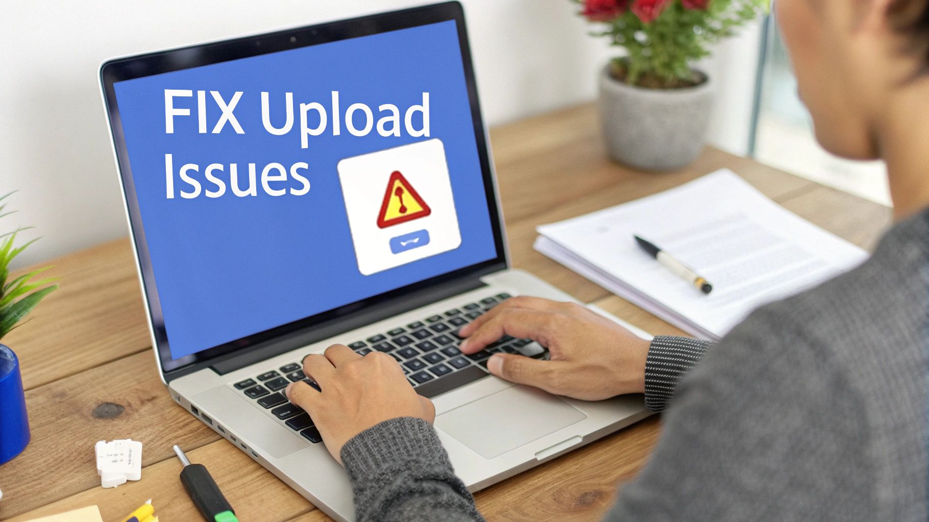A person types on a laptop displaying 'FIX Upload Issues' with an error icon.