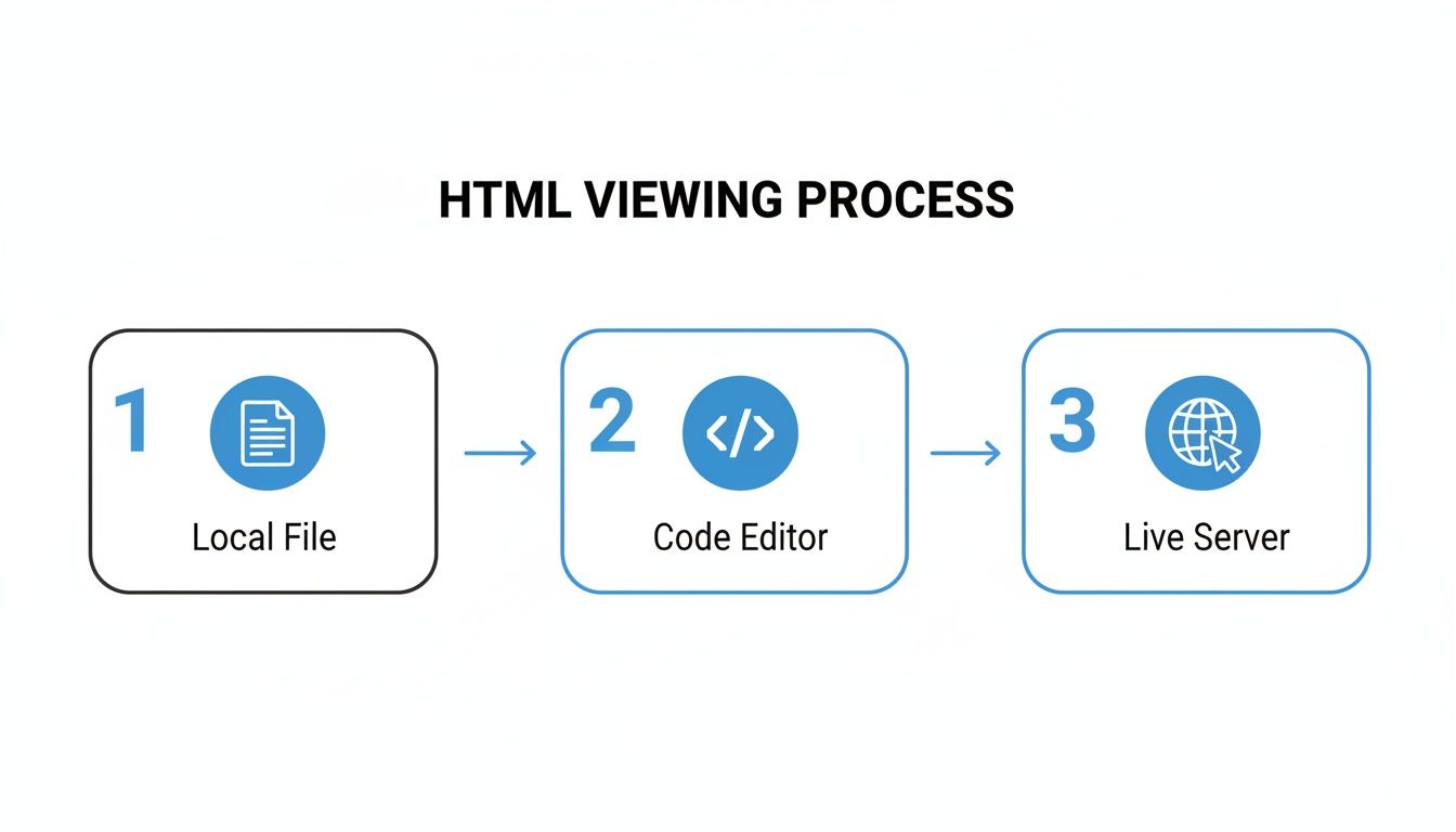 A step-by-step diagram showing the HTML viewing process from local file to a live server.