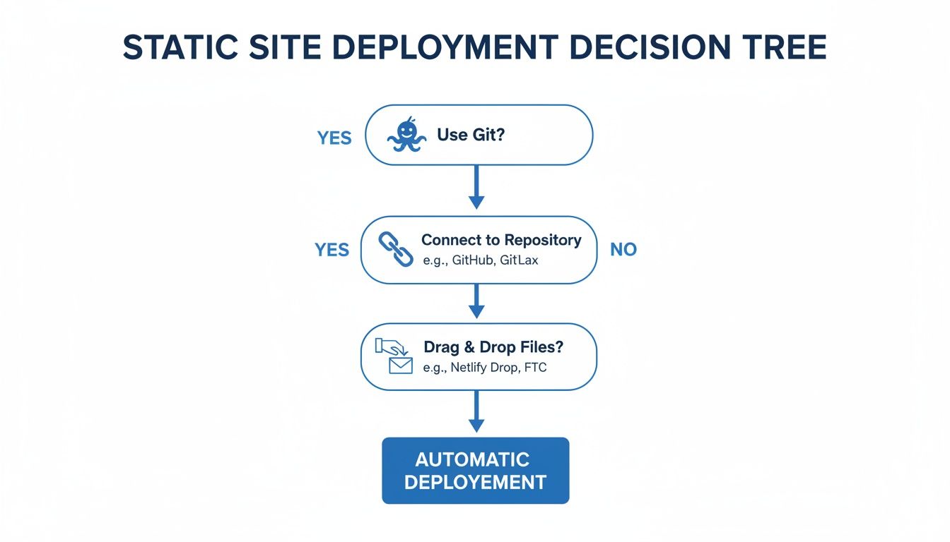 Decision tree illustrating static site deployment options, including Git, repository connection, and drag & drop for automatic deployment.