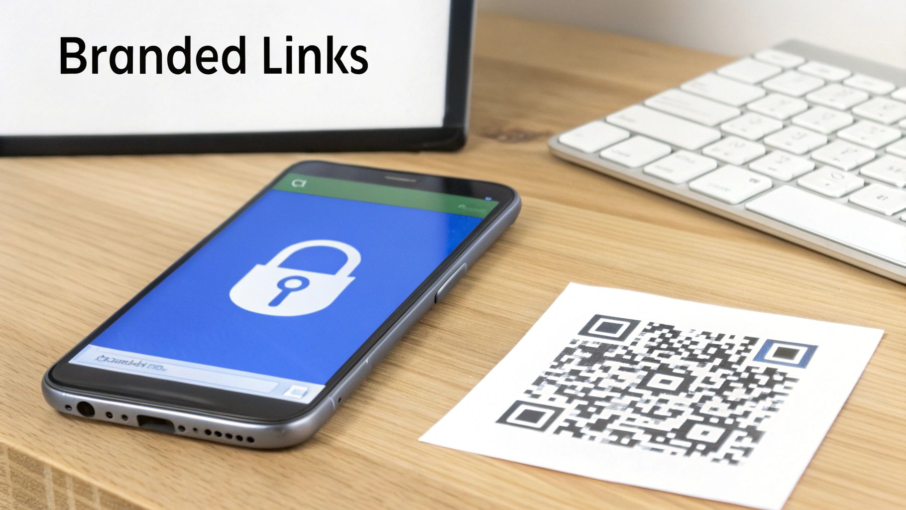 A smartphone displaying a padlock, a QR code, and a keyboard on a wooden desk with 'Branded Links' text.