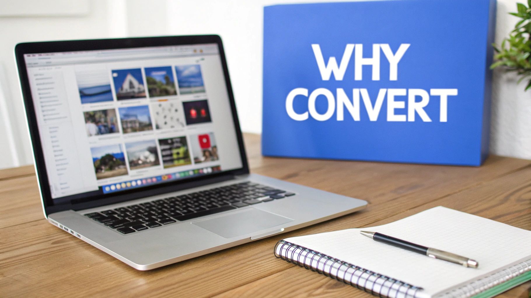 A laptop on a wooden desk displaying image thumbnails, a notebook with a pen, and a blue box labeled 'WHY CONVERT'.
