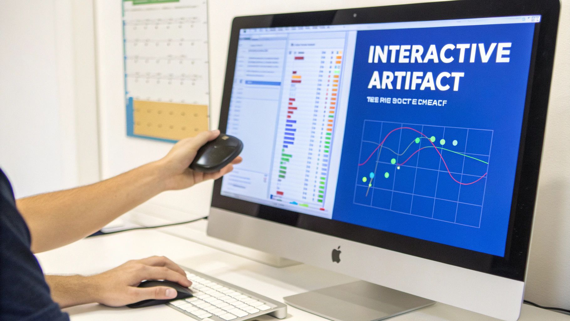 A person uses a desktop computer displaying an 'Interactive Artifact' screen with graphs and data.