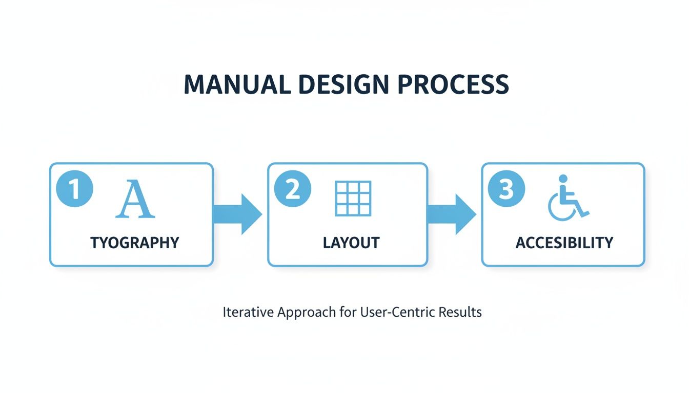 A diagram illustrates the manual design process, covering typography, layout, and accessibility steps for user-centric results.