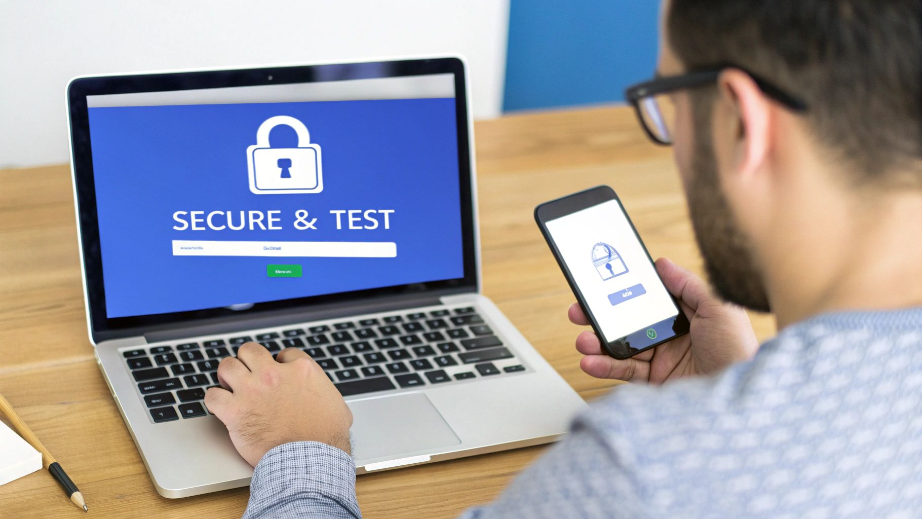 A person works on a laptop displaying a secure login page while holding a smartphone.