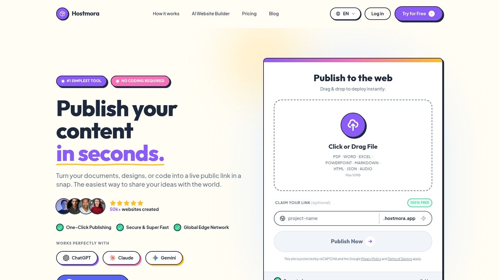Hostmora no-code publishing interface