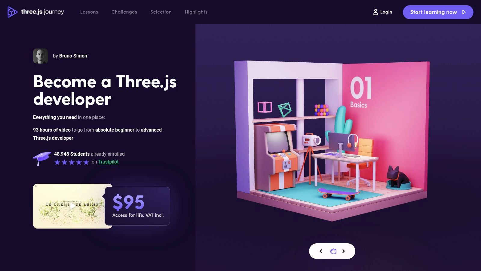 A stylized 3D scene from the Three.js Journey course, showing a cartoon-style truck in a low-poly environment with baked lighting.