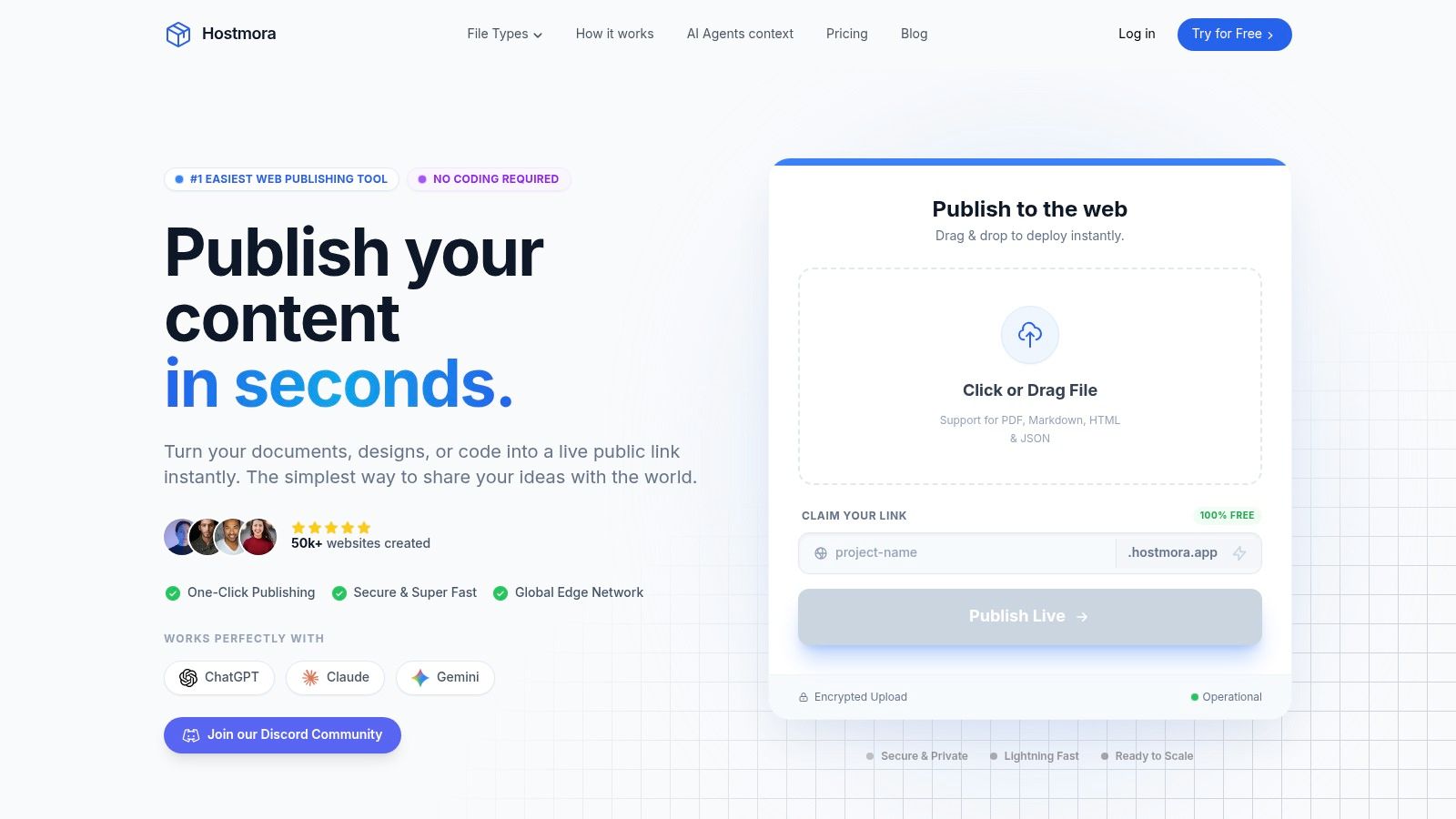 Hostmora drag-and-drop web publishing interface for free static site hosting
