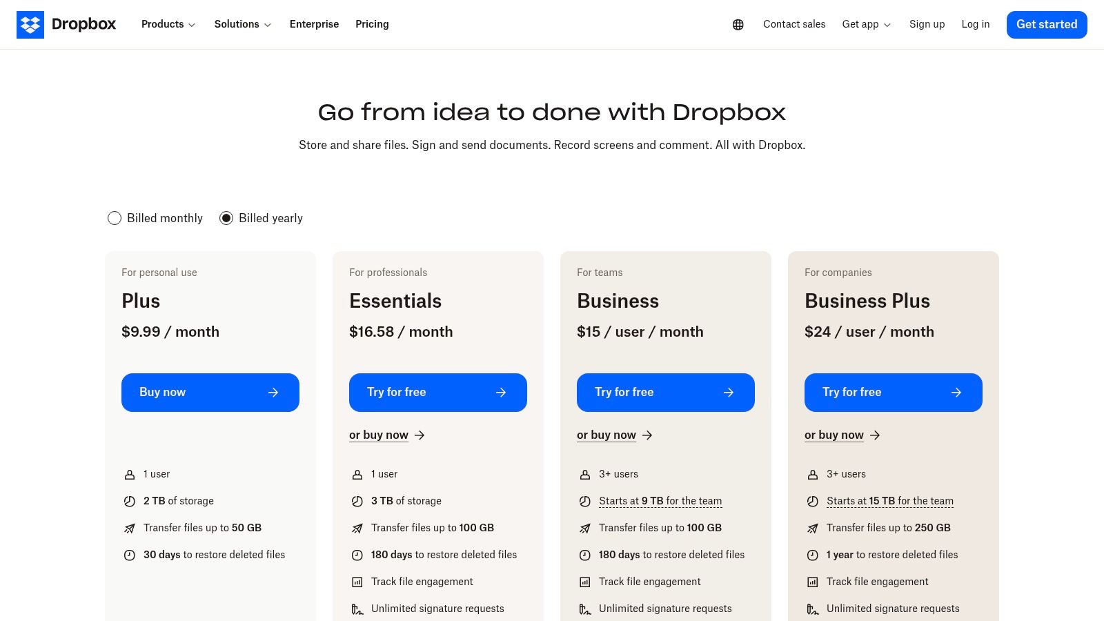 Dropbox pricing plans showing options for individuals and teams