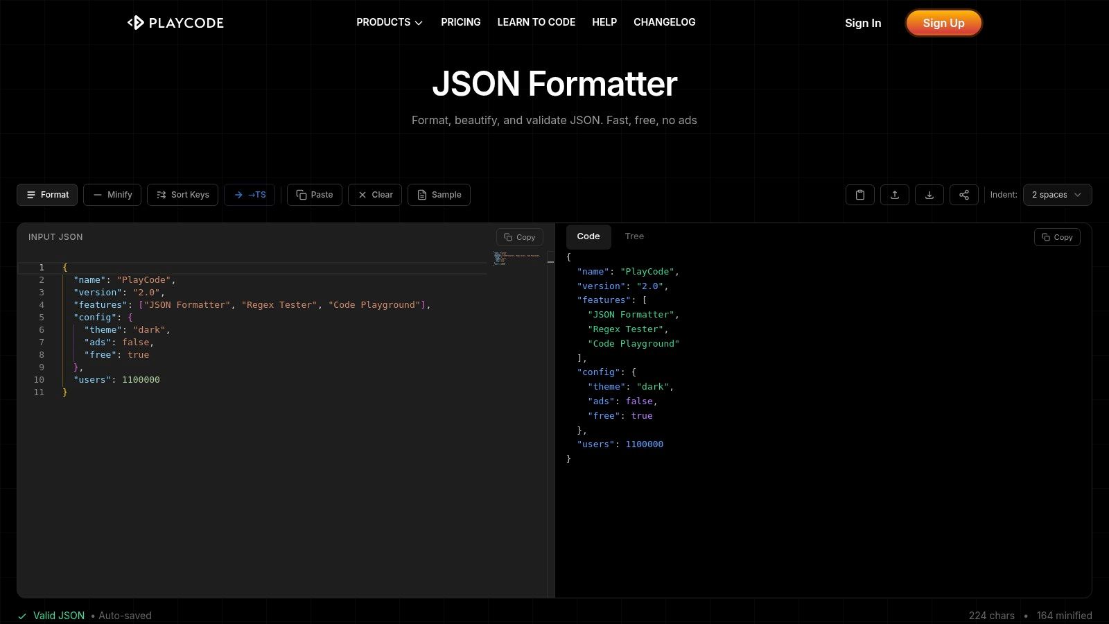 PlayCode — Online JSON Formatter