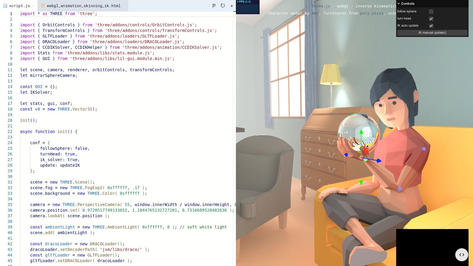 A live editor view from threejs.dev showing a code panel on the left and a 3D animated model of a robot on the right, demonstrating inverse kinematics.