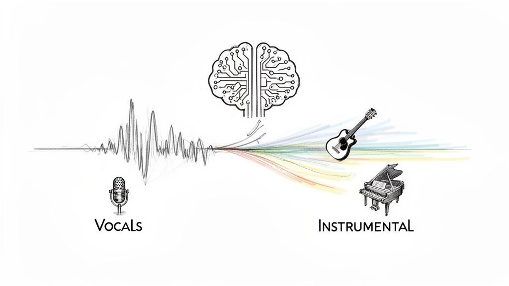 A diagram showing a sound wave from a microphone processed by a circuit brain to separate vocals from instrumental music (guitar, piano).