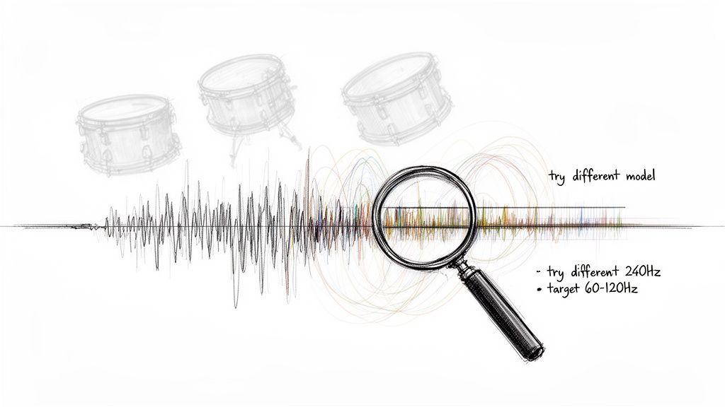 Illustrative sketch of drums and a sound wave being analyzed with a magnifying glass for frequency targeting.