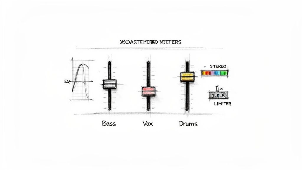 Hand-drawn sketch illustrating audio mixing elements: EQ graph, faders for bass, vocals, drums, stereo meters, and a limiter.
