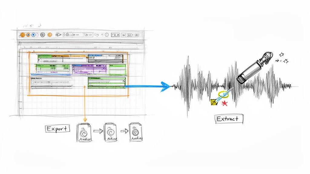 A sketch illustrating audio production workflows: exporting stems from a DAW and extracting a sound segment.